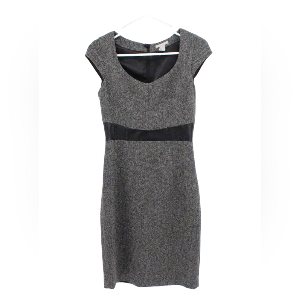 Bin 2C EUC H&M Tweed Dress Sz 4 Cap Sleeves Faux Leather Waist Gray Midi Knee